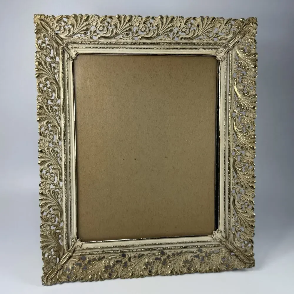 Vintage Gold White Ornate Filigree Metal Photo Frame 8x10